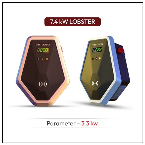 Two Virtuoso 7.4 kW Lobster EV chargers, one brown and one gold, with a 3.3 kW parameter.