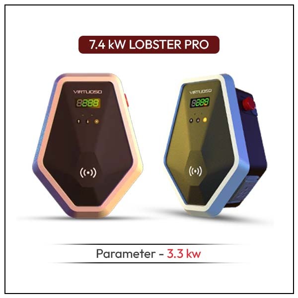Two Virtuoso 7.4 kW Lobster Pro EV chargers, one bronze and one gold, showcasing 3.3 kW parameter.